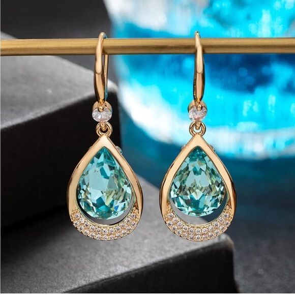 14K Yellow Gold and Aquamarine Blue Austrian Crystal Teardrop Halo Hook Earrings - Picture 3 of 6